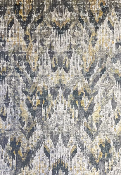 Charcoal and stone ikat-inspired vertical motifs with muted ochre accents on textured fabric