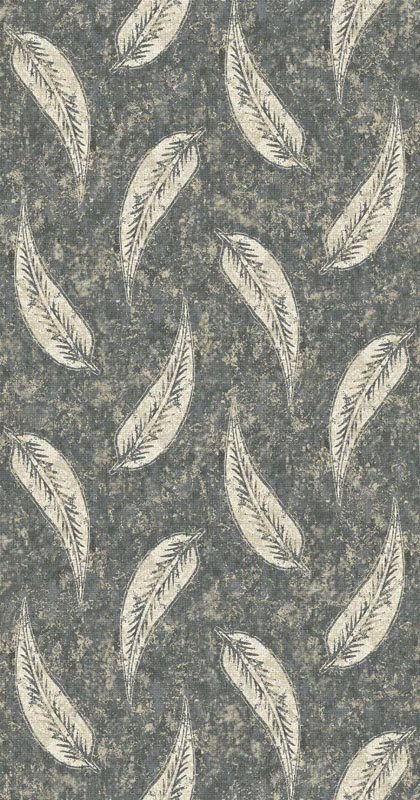 Charcoal-grey fabric with scattered ivory feather motifs on a mottled, weathered ground