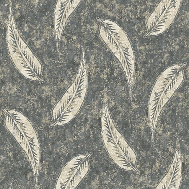 Charcoal-grey fabric with scattered ivory feather motifs on a mottled, weathered ground