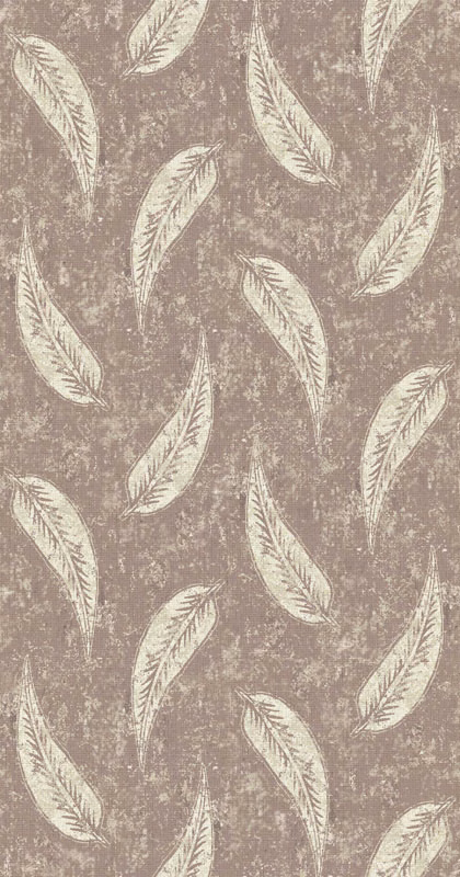Dusty taupe fabric with repeating ivory feathers and a chalky distressed texture