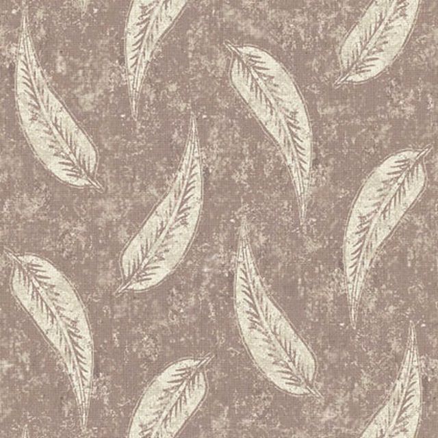 Dusty taupe fabric with repeating ivory feathers and a chalky distressed texture