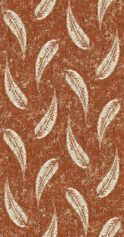 Terracotta fabric with repeated ivory feather motifs and a distressed mottled ground