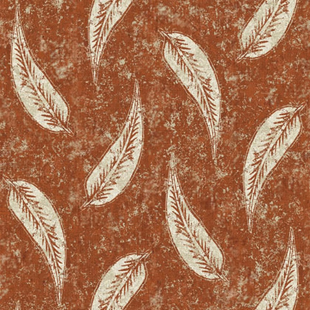 Terracotta fabric with repeated ivory feather motifs and a distressed mottled ground