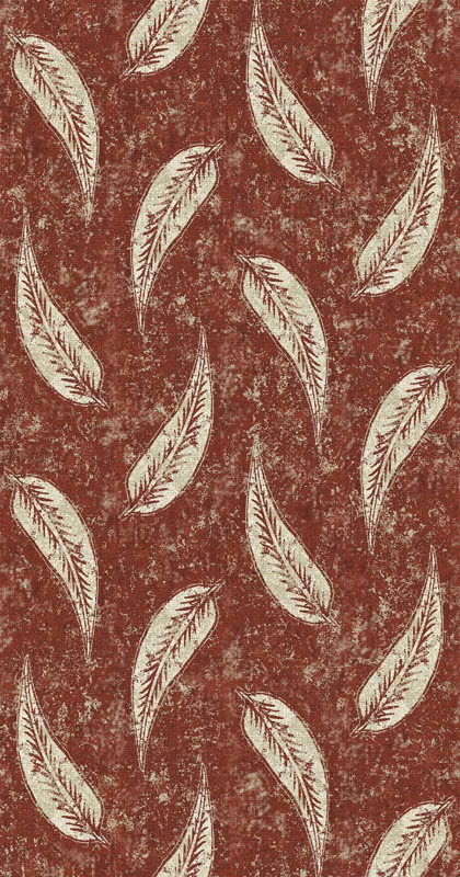 Deep brick-red fabric with scattered cream feather motifs and distressed textured ground