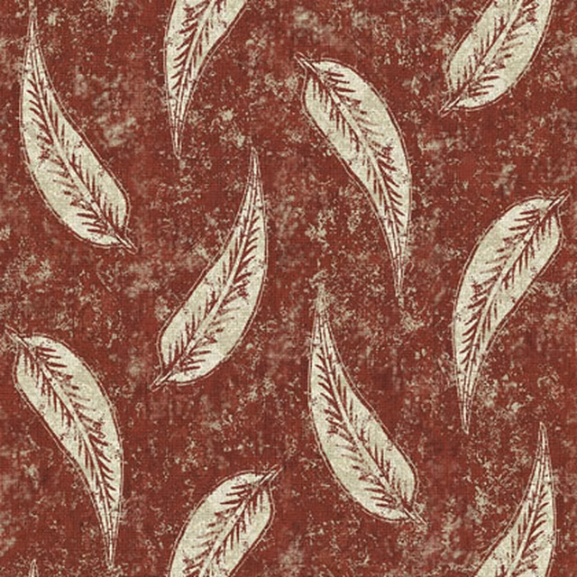 Deep brick-red fabric with scattered cream feather motifs and distressed textured ground