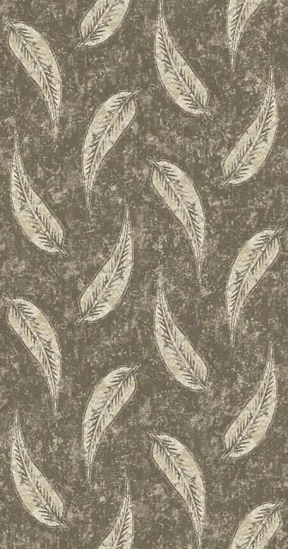 Olive-grey distressed fabric with repeating ivory feather motifs and fine drawn detail