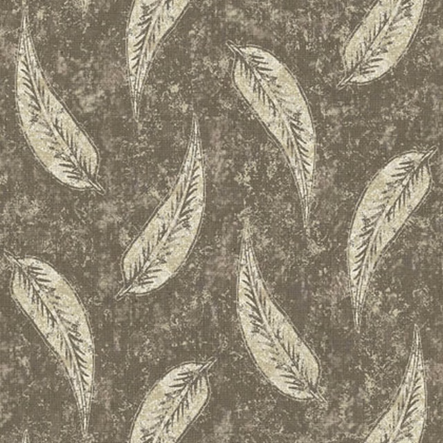 Olive-grey distressed fabric with repeating ivory feather motifs and fine drawn detail