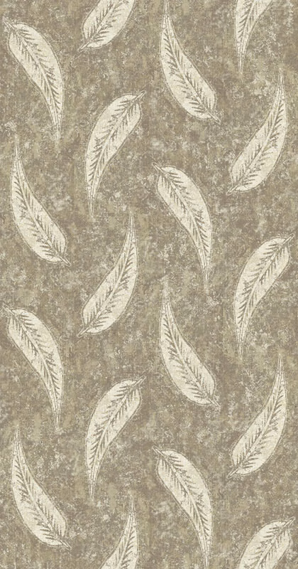 Mottled taupe-grey textile with scattered ivory feather motifs and fine linear detail
