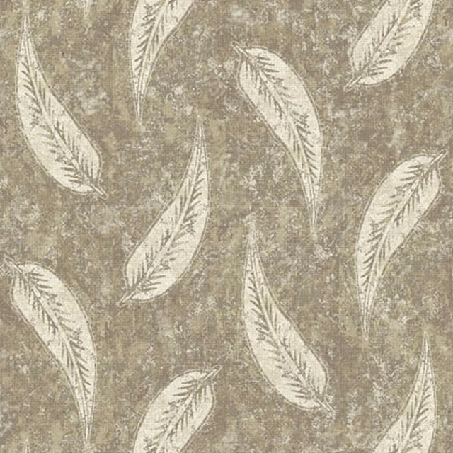 Mottled taupe-grey textile with scattered ivory feather motifs and fine linear detail