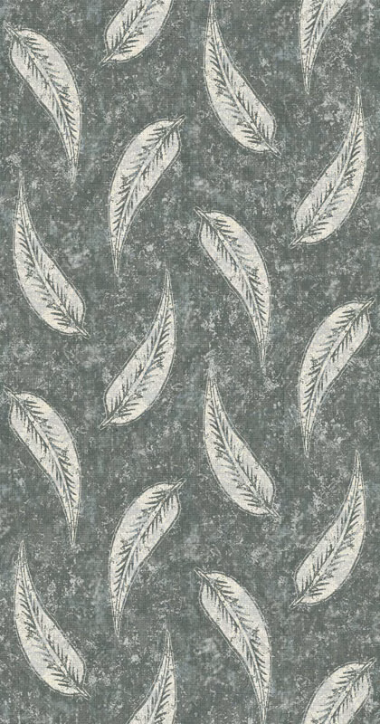 Weathered sage-grey fabric with repeated ivory feather motifs and a mottled textured ground