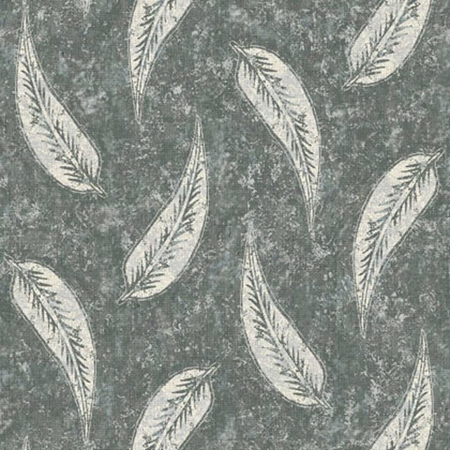 Weathered sage-grey fabric with repeated ivory feather motifs and a mottled textured ground