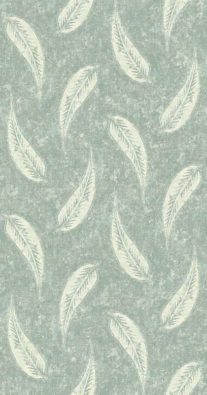 Pale sage fabric with scattered cream feathers and a softly mottled, weathered surface