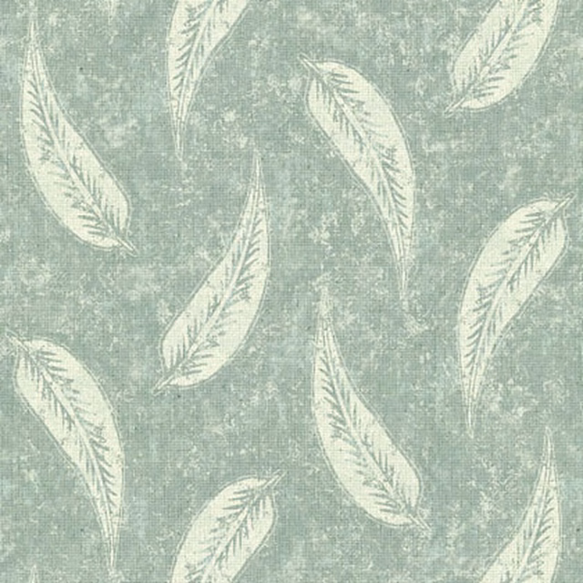 Pale sage fabric with scattered cream feathers and a softly mottled, weathered surface