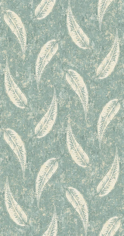 Muted seafoam fabric with ivory feather motifs and a distressed chalky ground