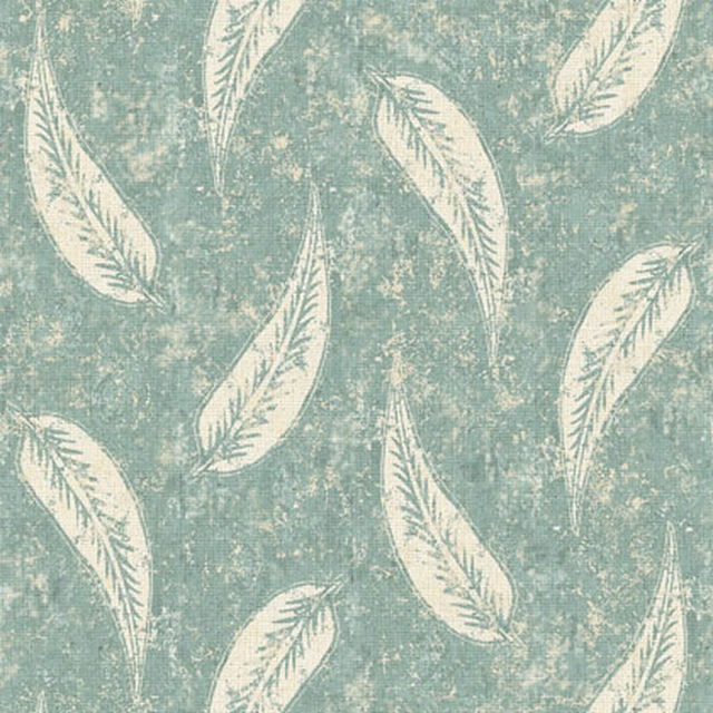 Muted seafoam fabric with ivory feather motifs and a distressed chalky ground