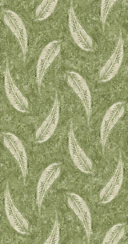 Mottled sage-green fabric with scattered ivory feather motifs in a vertical repeat