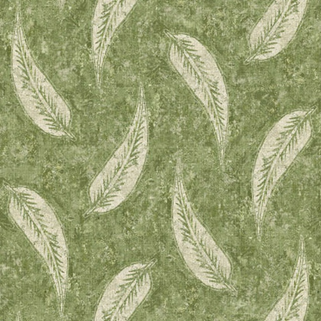 Mottled sage-green fabric with scattered ivory feather motifs in a vertical repeat