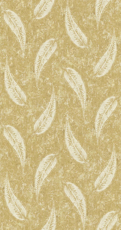 Golden-beige fabric with distressed texture and scattered ivory feather motifs