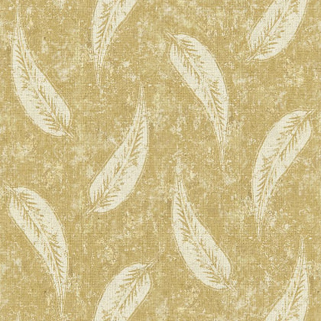 Golden-beige fabric with distressed texture and scattered ivory feather motifs