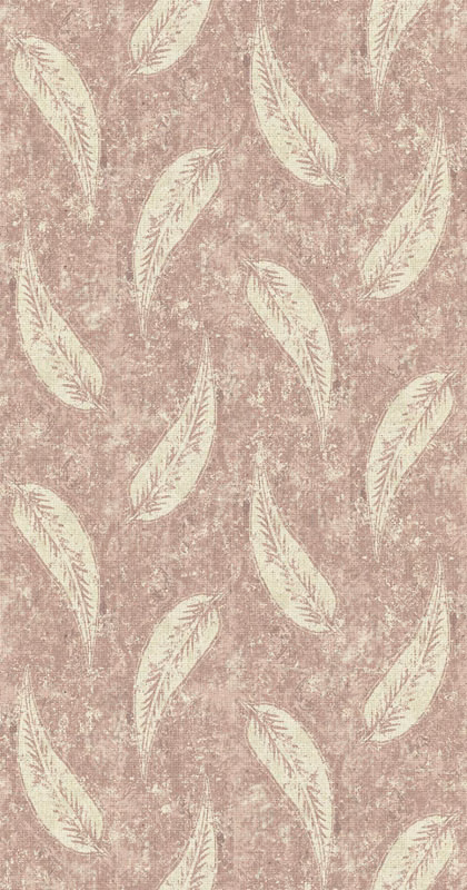 Dusty blush textile with scattered ivory feather motifs and a softly mottled surface