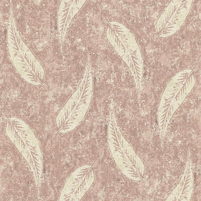Dusty blush textile with scattered ivory feather motifs and a softly mottled surface