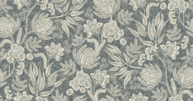 Muted blue-grey woven ground with ivory flowers, leaves and curling stems