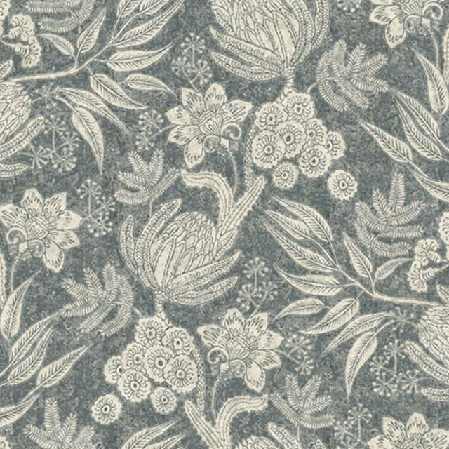 Muted blue-grey woven ground with ivory flowers, leaves and curling stems