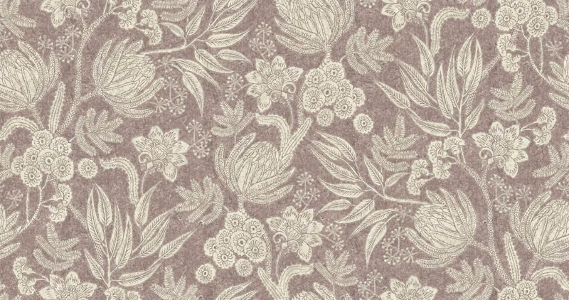 Dusty mauve-taupe fabric with ivory woven flowers, leaves and curling stems
