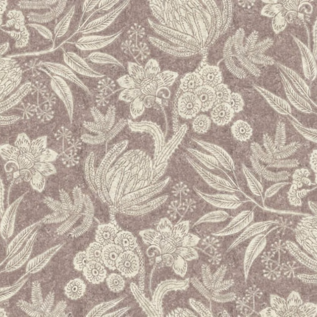 Dusty mauve-taupe fabric with ivory woven flowers, leaves and curling stems
