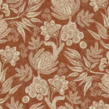 Terracotta floral fabric with ivory leaves, blossoms and a softly textured ground