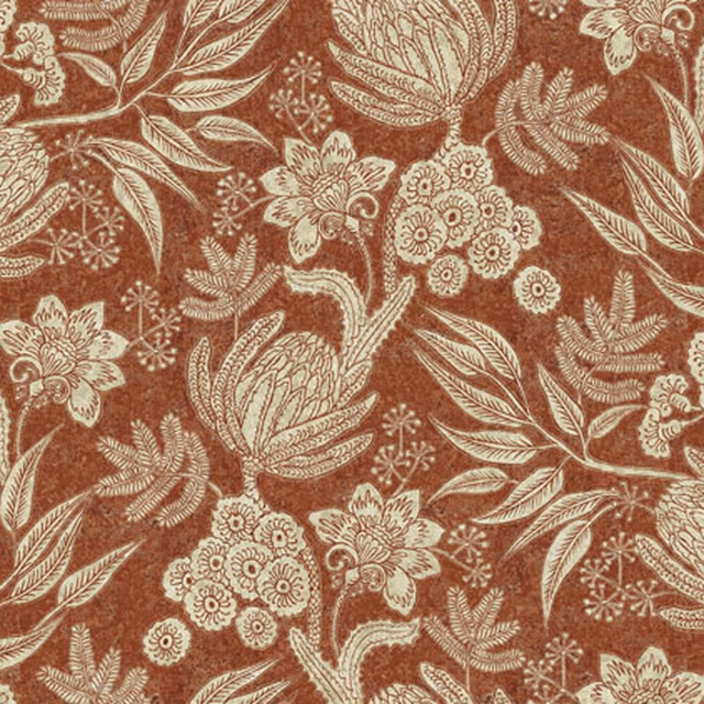 Terracotta floral fabric with ivory leaves, blossoms and a softly textured ground