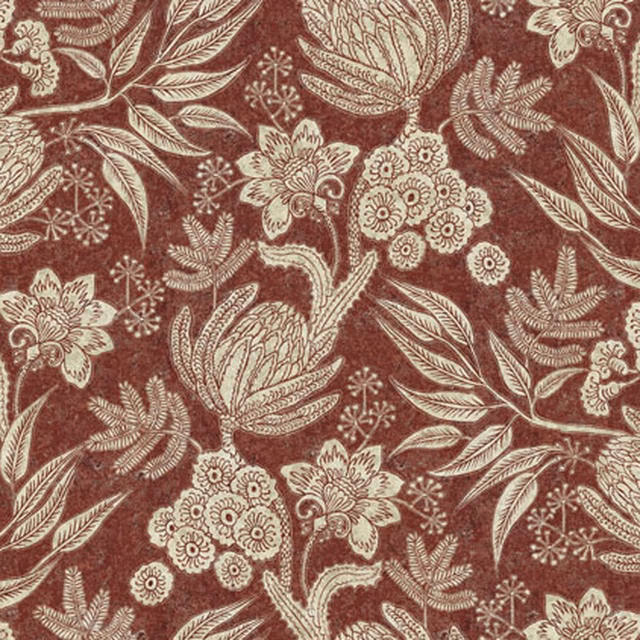 Burgundy botanical textile with ivory flowers, curling leaves and a lightly textured ground