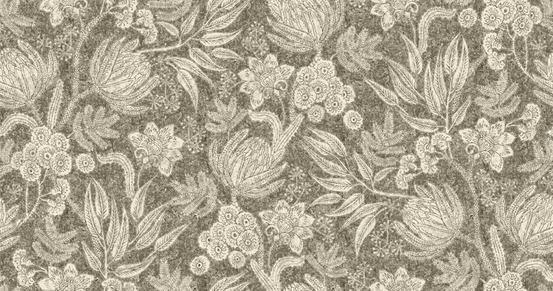 Muted taupe floral fabric with ivory flowers, leaves and textured botanical detail