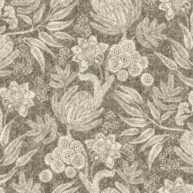 Muted taupe floral fabric with ivory flowers, leaves and textured botanical detail