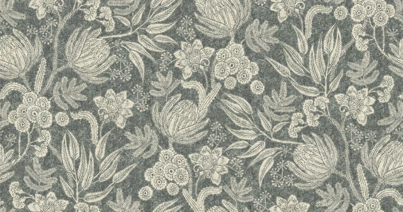 Mossy sage-grey floral fabric with cream leaves, clustered flowers and textured botanical detail