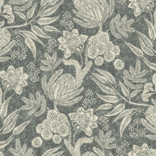 Mossy sage-grey floral fabric with cream leaves, clustered flowers and textured botanical detail