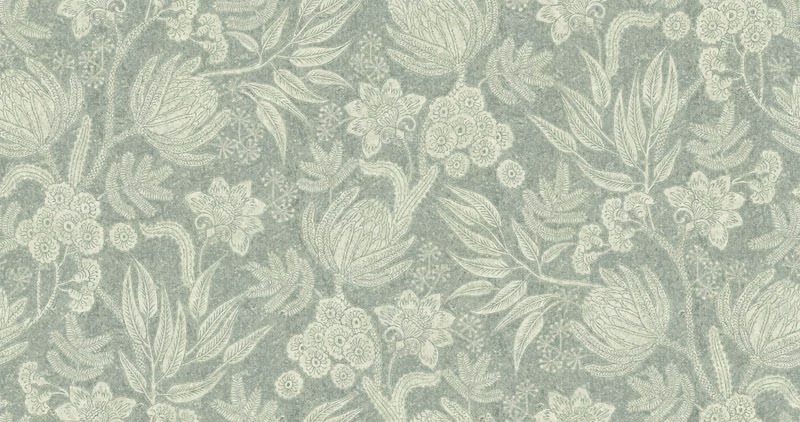 Soft sage fabric with ivory leaves and clustered botanical flowers in a woven texture