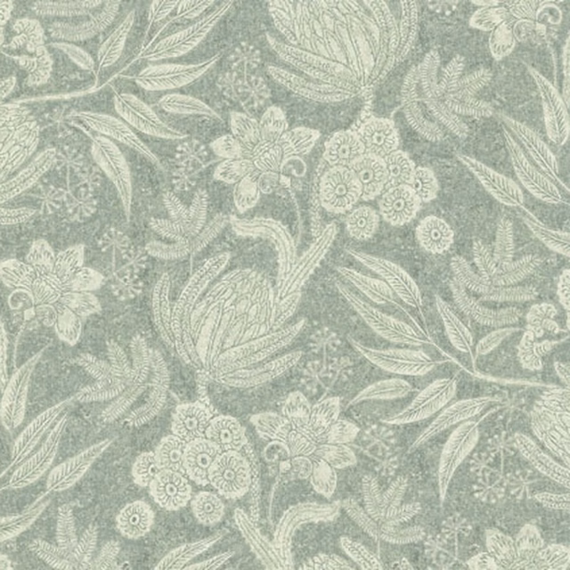 Soft sage fabric with ivory leaves and clustered botanical flowers in a woven texture
