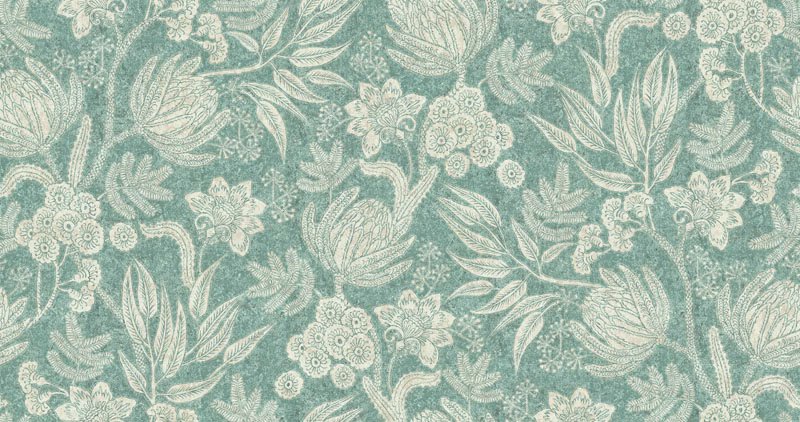 Soft mint textile with ivory leaves, curling stems and clustered floral motifs