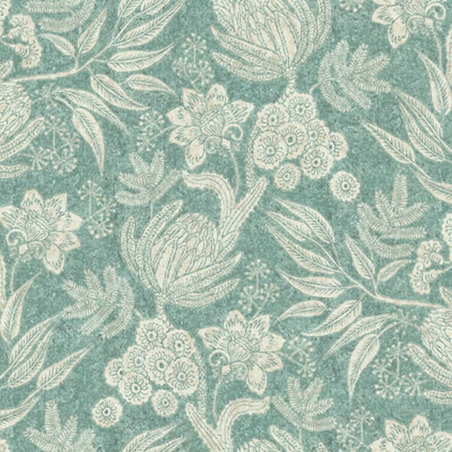 Soft mint textile with ivory leaves, curling stems and clustered floral motifs