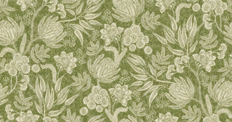 Olive green woven fabric with cream flowers, leaves and fine botanical texture
