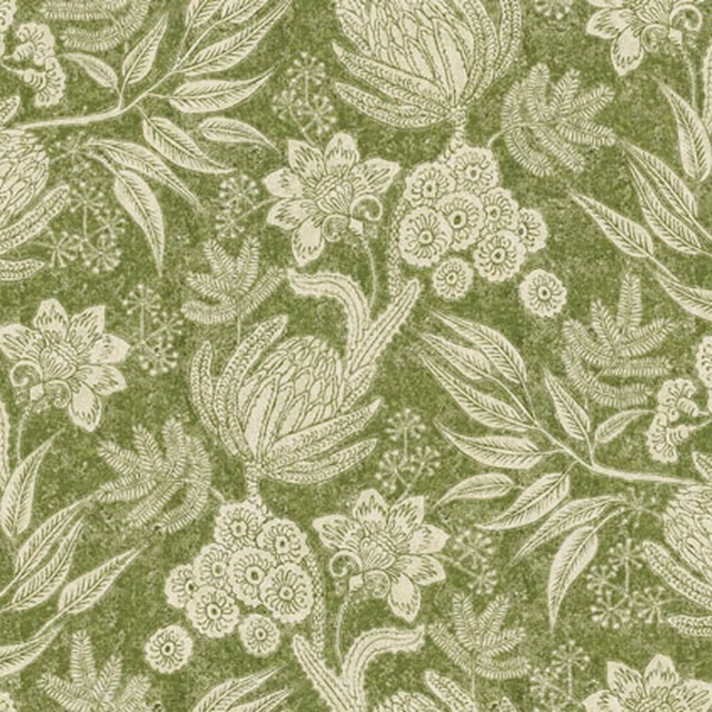 Olive green woven fabric with cream flowers, leaves and fine botanical texture