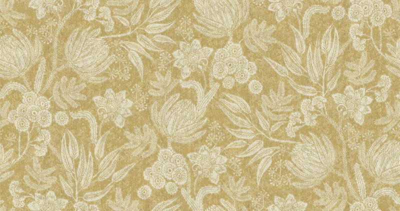 Antique-gold floral fabric with cream leaves, blossoms and softly textured ground
