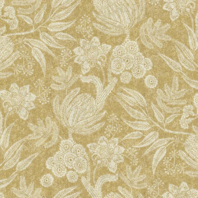 Antique-gold floral fabric with cream leaves, blossoms and softly textured ground