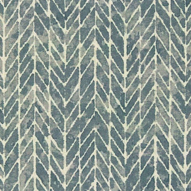 Muted blue-green fabric with cream vertical chevrons and softly mottled woven texture