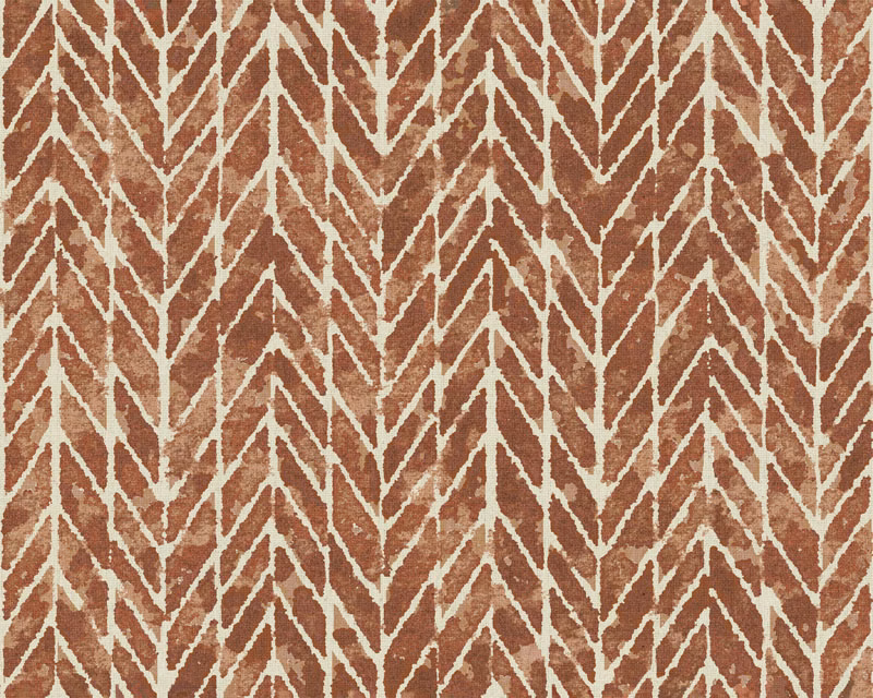 Russet-brown textile with cream branching chevrons and an irregular tactile surface