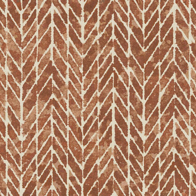 Russet-brown textile with cream branching chevrons and an irregular tactile surface