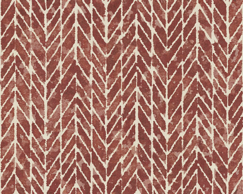Textured brick-red fabric with irregular cream chevrons in a repeated vertical pattern