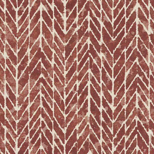 Textured brick-red fabric with irregular cream chevrons in a repeated vertical pattern