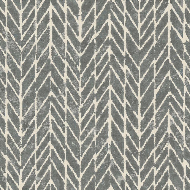 Charcoal grey woven fabric with contrasting ivory branching chevrons and softly textured surface